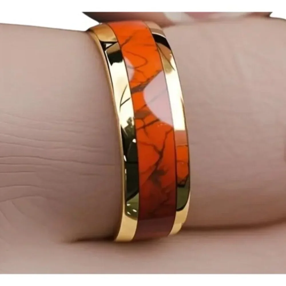 Tungsten Steel Men's Fashion Ring High Polished Orange Marble & gold plated rims
